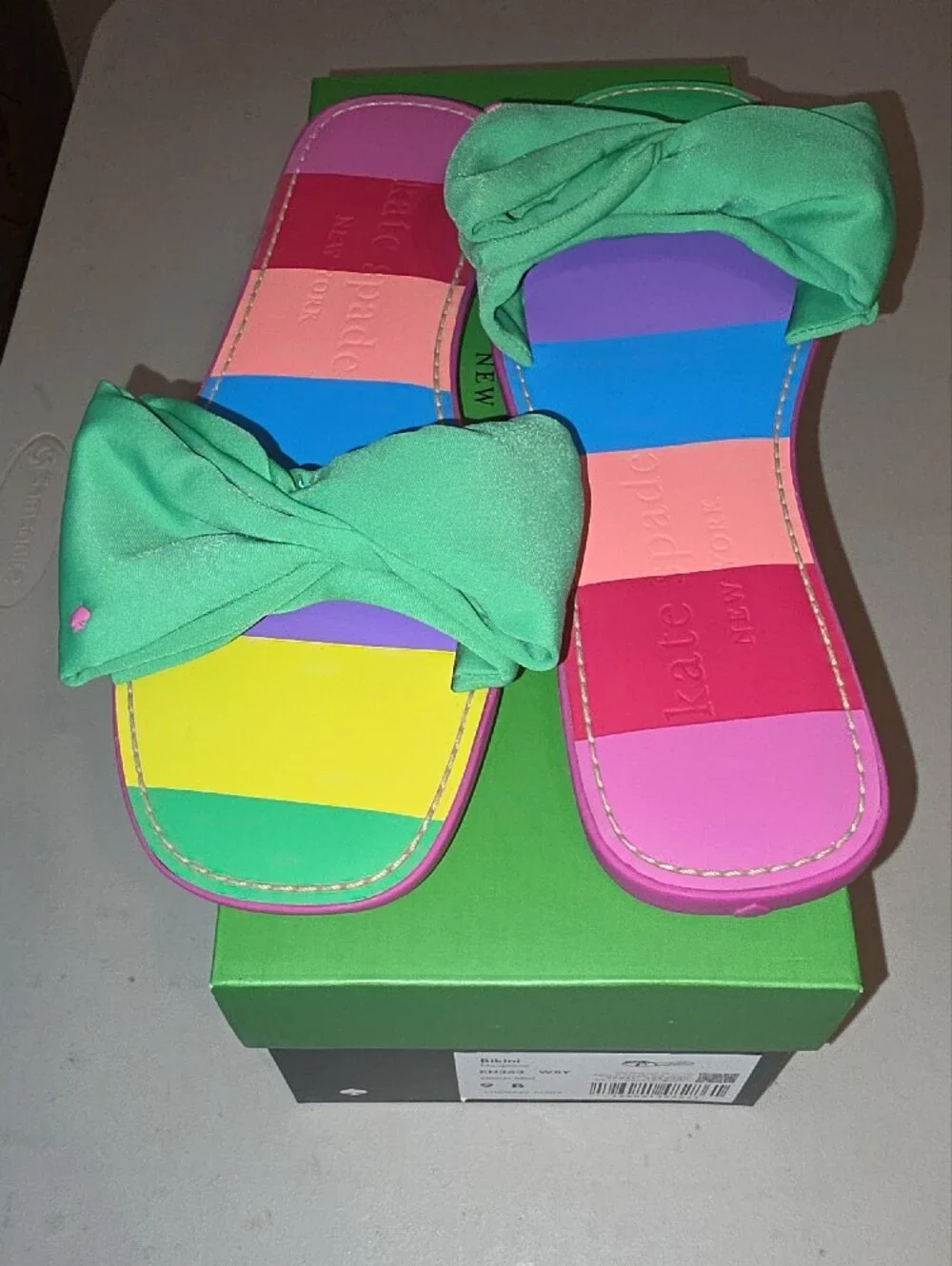 kate spade multicolor striped slide sandals with green bow